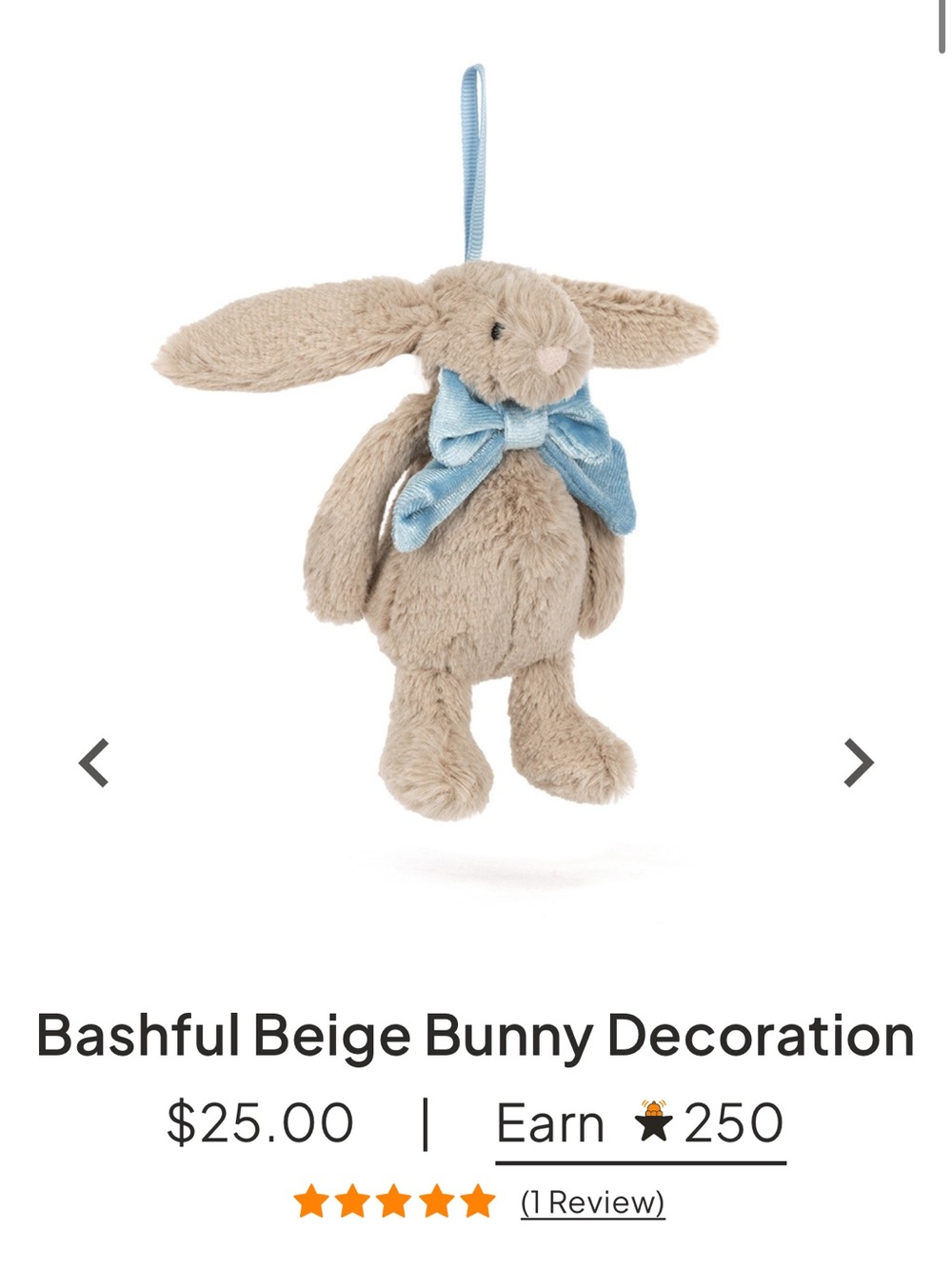 Jellycat Bashful Beige Bunny with Blue Bow Decoration Ornament Charm